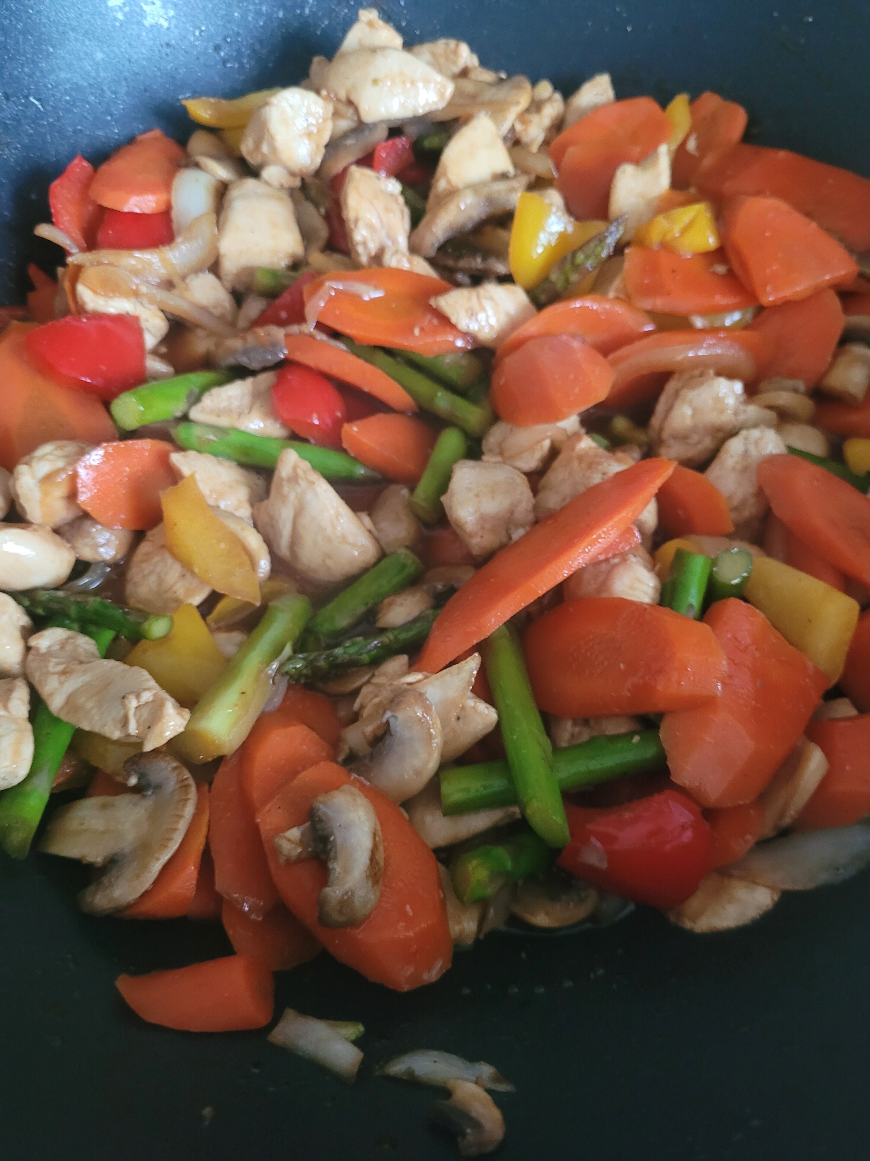 A stir-fry dish with vegetables and chicken.