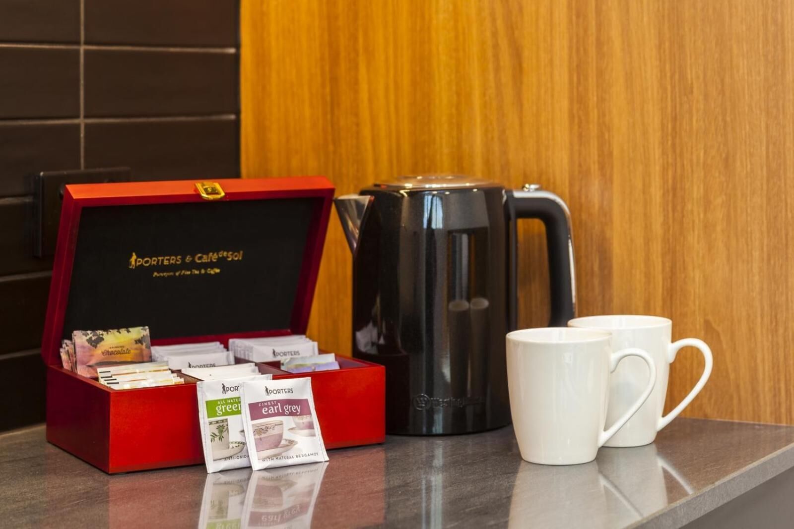 fridge, microwave, coffee/tea maker, electric kettle