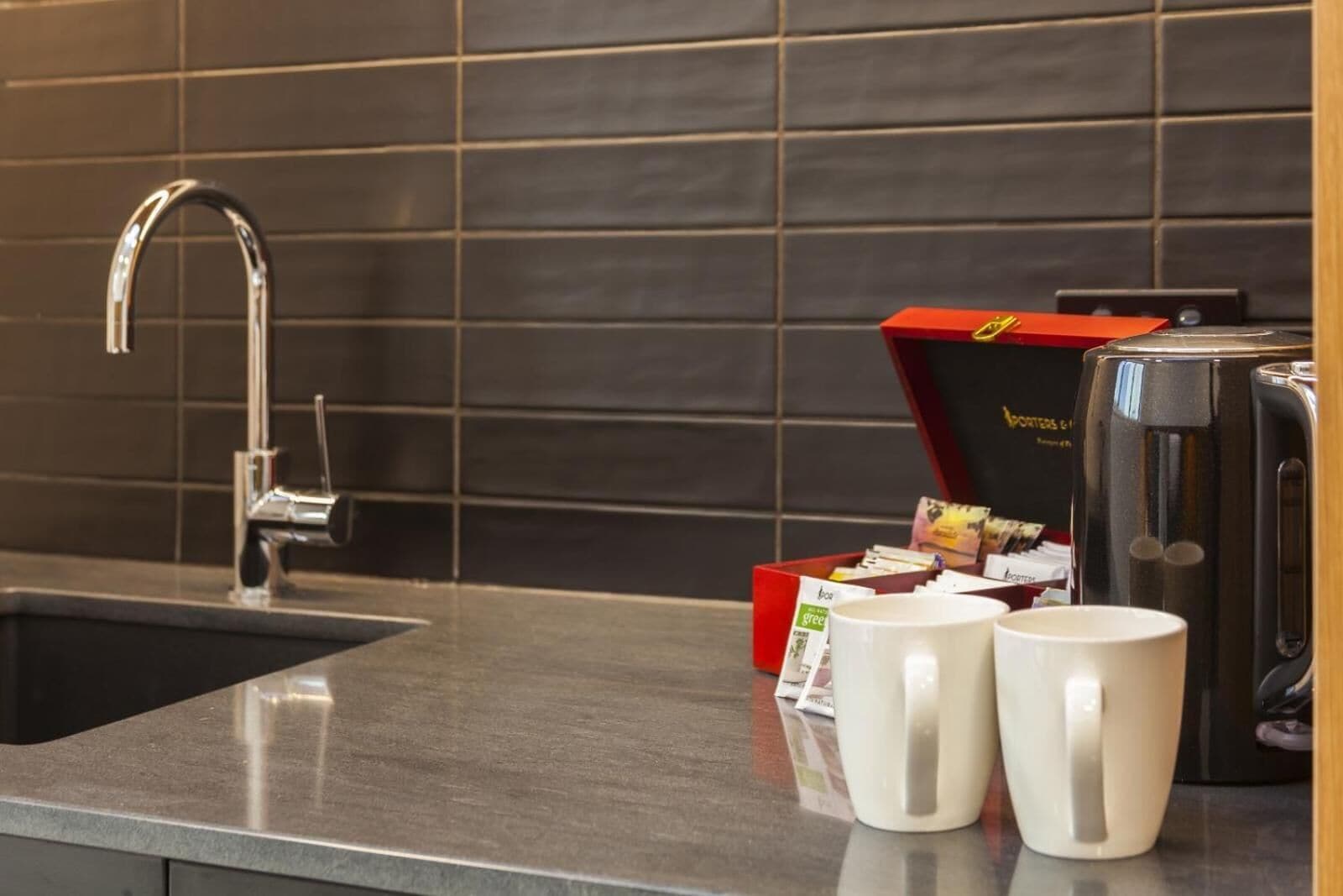 fridge, microwave, coffee/tea maker, electric kettle