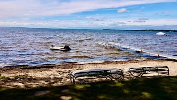 On the beach, sun loungers