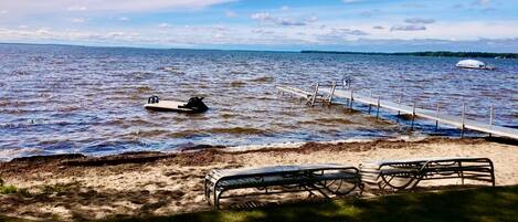 On the beach, sun loungers