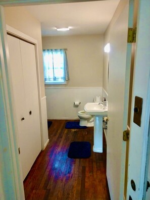 Bathtub, towels, soap, shampoo