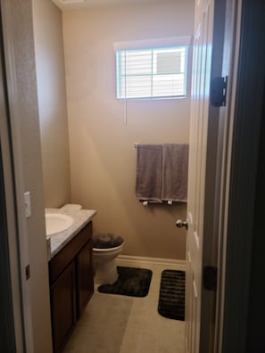 Shower, hair dryer, towels, toilet paper