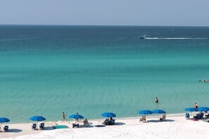 On the beach, sun-loungers, beach towels