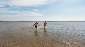 Two people walking in shallow water near a body of water with distant wind turbines.