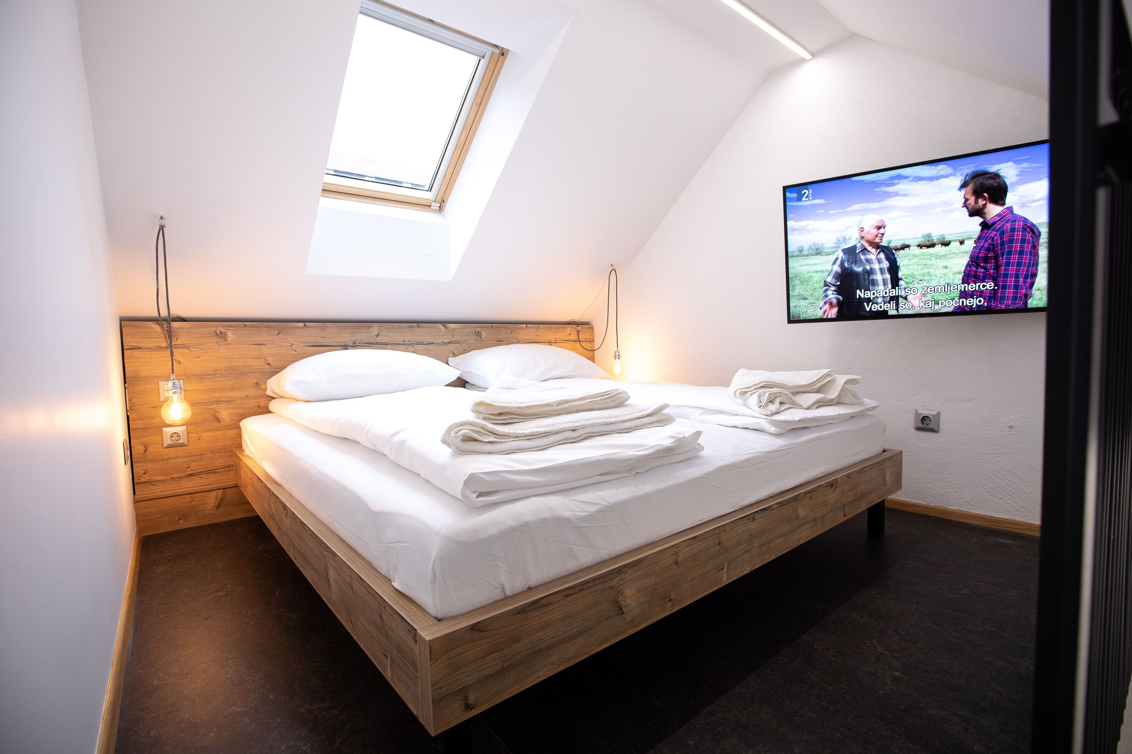Une chambre avec un lit en bois, une lucarne, un téléviseur fixé au mur et une petite table de chevet avec une lampe.