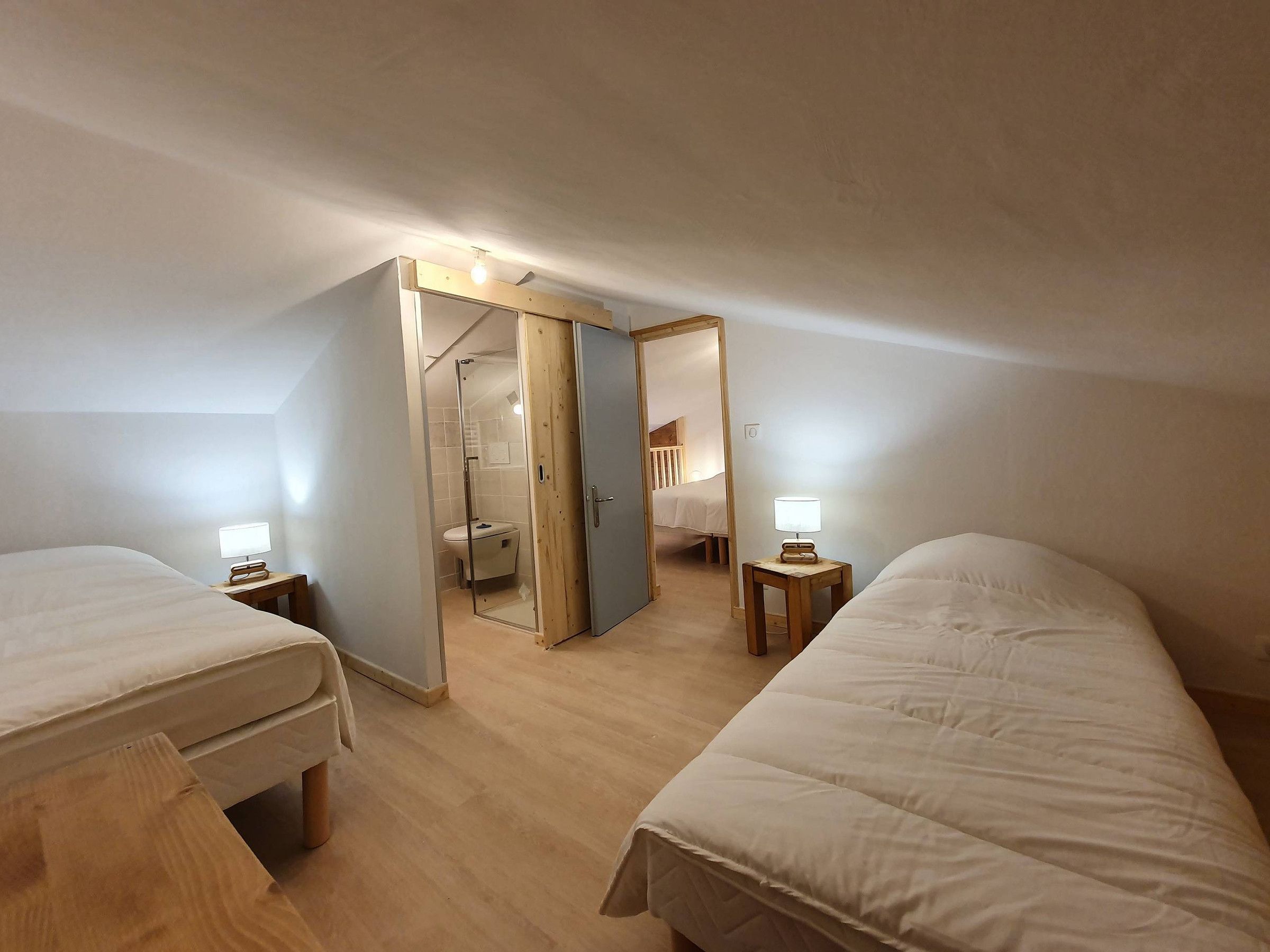 A bedroom with two beds, a wooden wardrobe, a small bedside table with a lamp, and a bathroom with a shower and toilet.