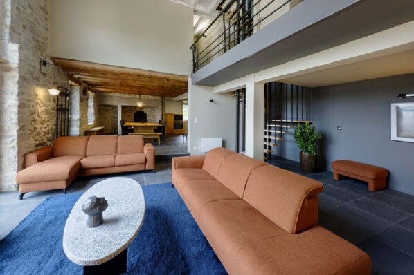 TV, fireplace, books