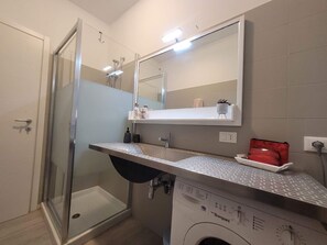 Douche, séchoir à cheveux, serviettes fournies