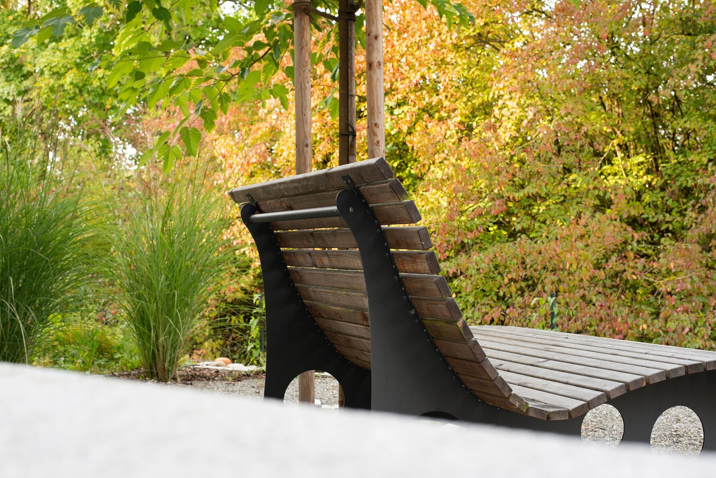 Un banc de fusta amb respatller corbat en un jardí.