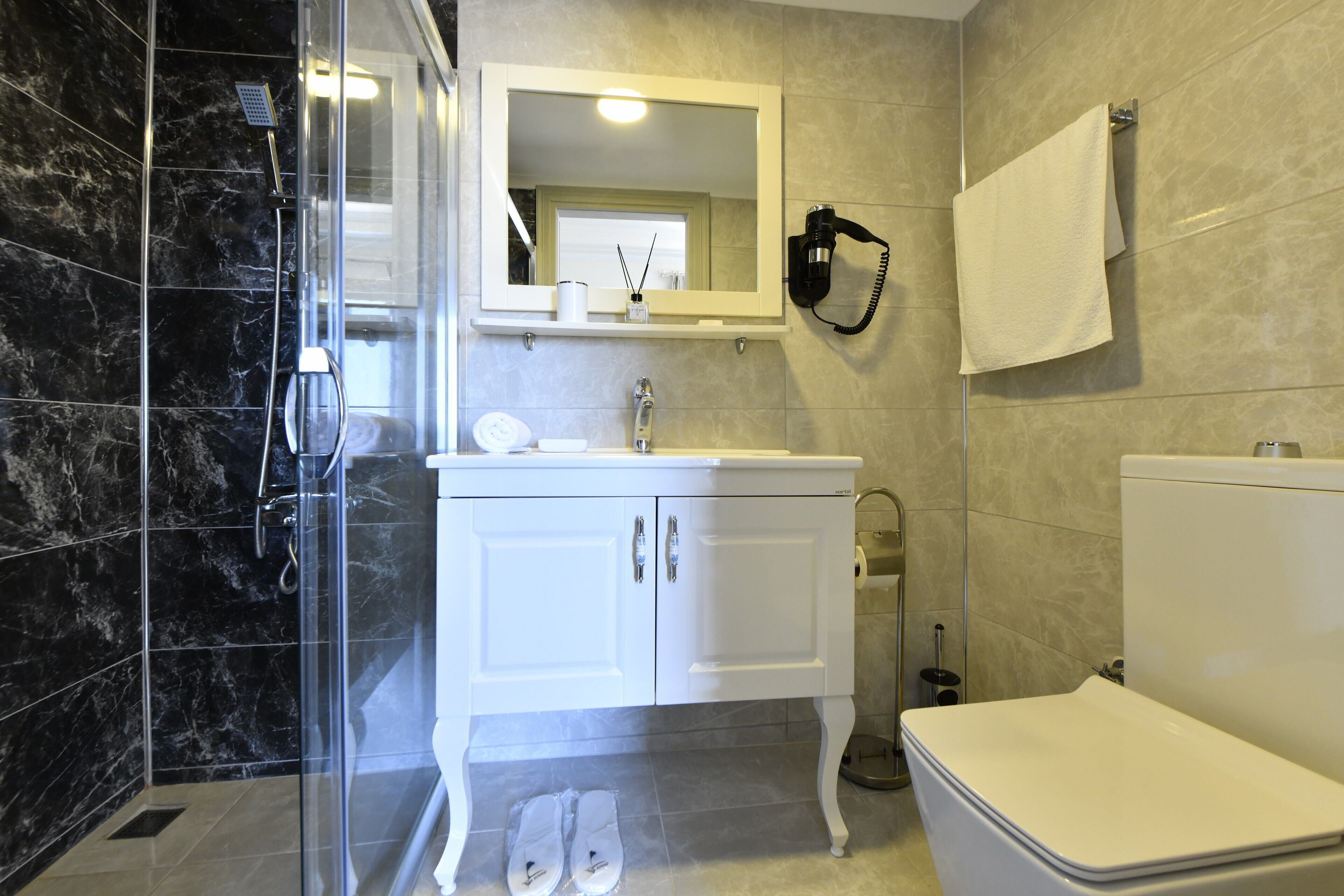 A modern bathroom with a glass-enclosed shower, a white vanity with a mirror, and a toilet.
