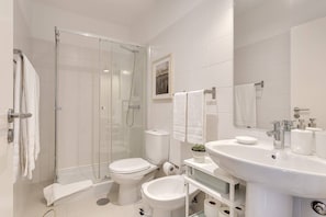 Douche, séchoir à cheveux, serviettes fournies