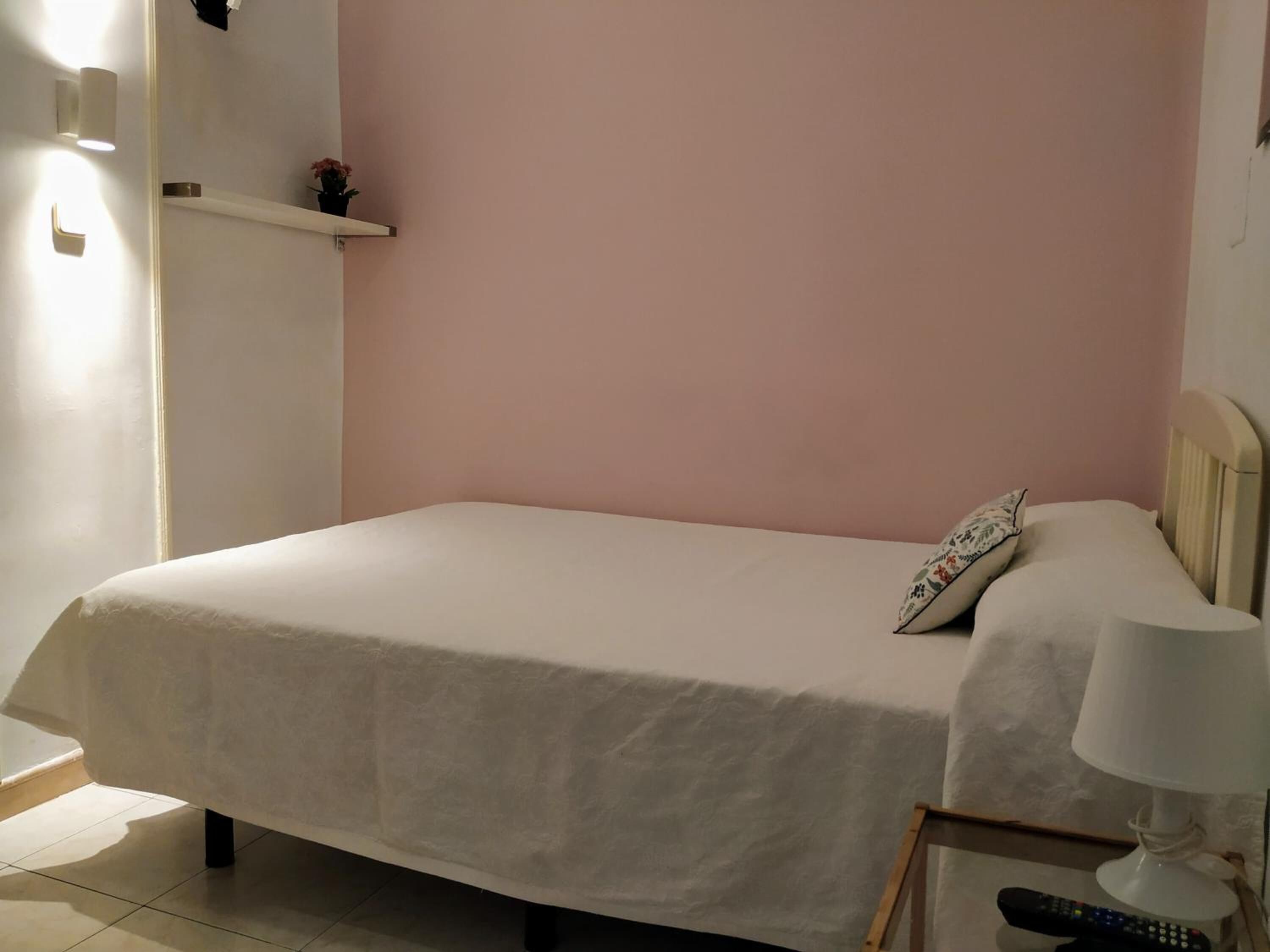 A single bed with a white bedspread and a decorative pillow, a bedside table with a lamp and a remote control, and a wall-mounted shelf with a small plant.