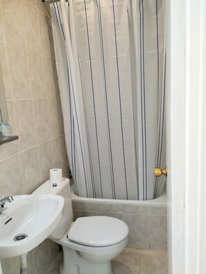 A bathroom with a toilet, sink, and shower curtain.