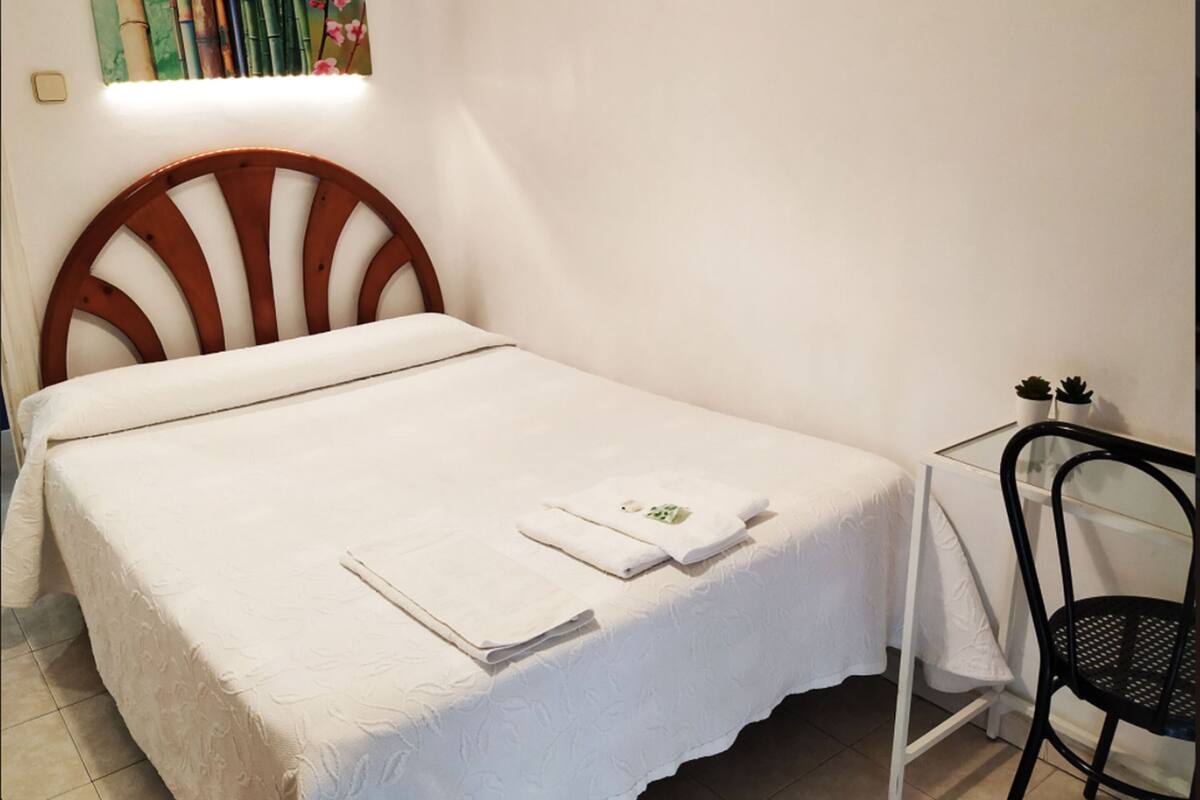 A single bed with a wooden headboard, a small table with two potted plants, and a chair.