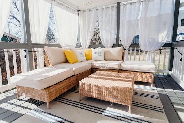 Covered deck located outside the door from game room.