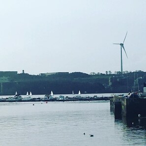 A harbor with a wind turbine, boats, and a calm water body. - The Bosun (Monkstown)