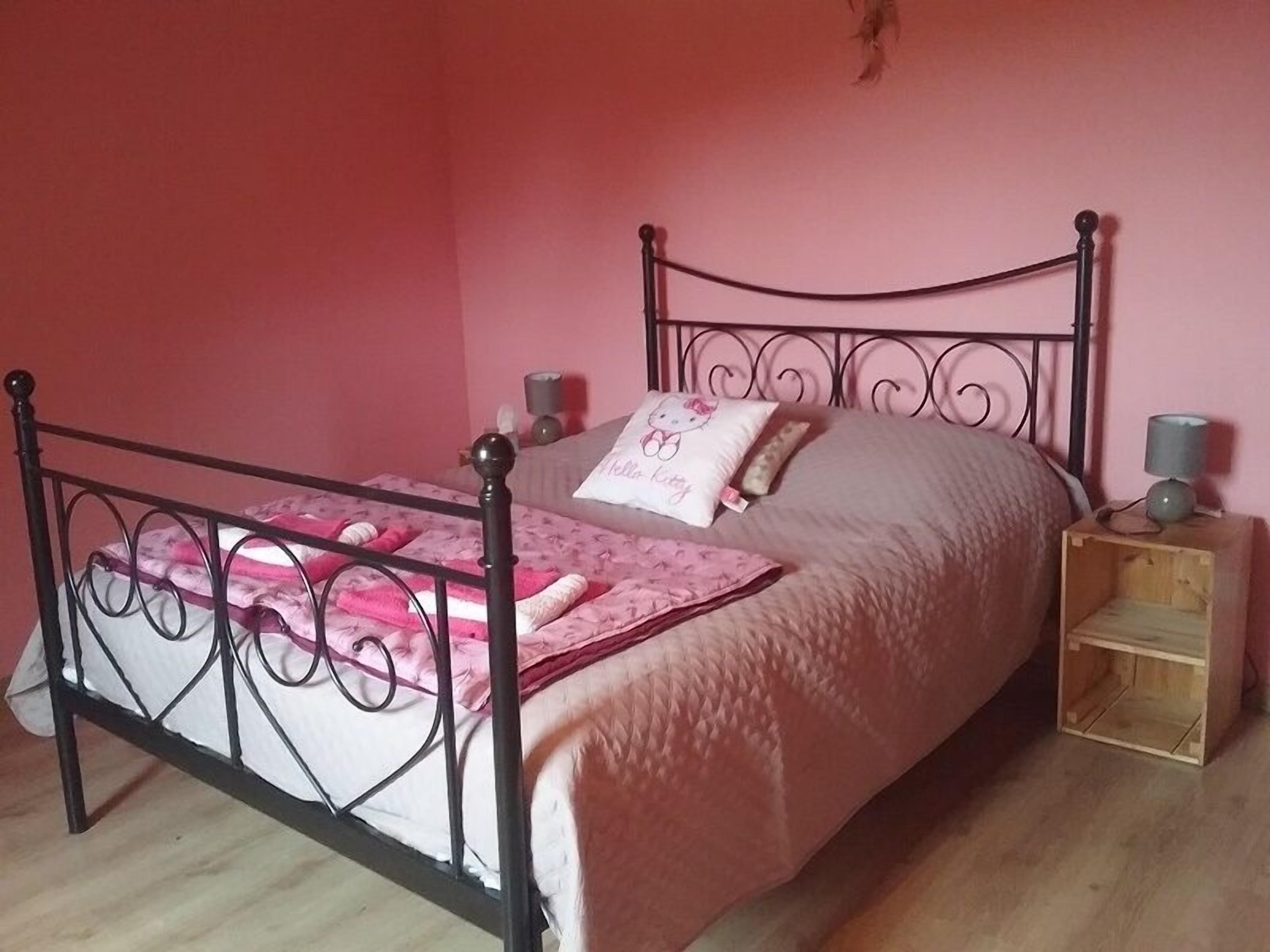 A single bed with a metal frame, pink walls, and a wooden nightstand with a lamp.