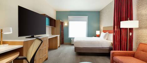 Desk, laptop workspace, blackout curtains, iron/ironing board