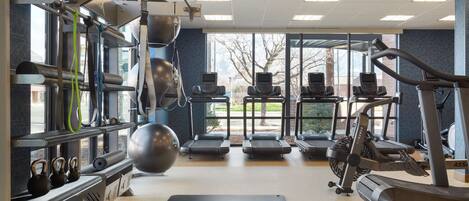 A gym with treadmills, elliptical machines, and free weights.