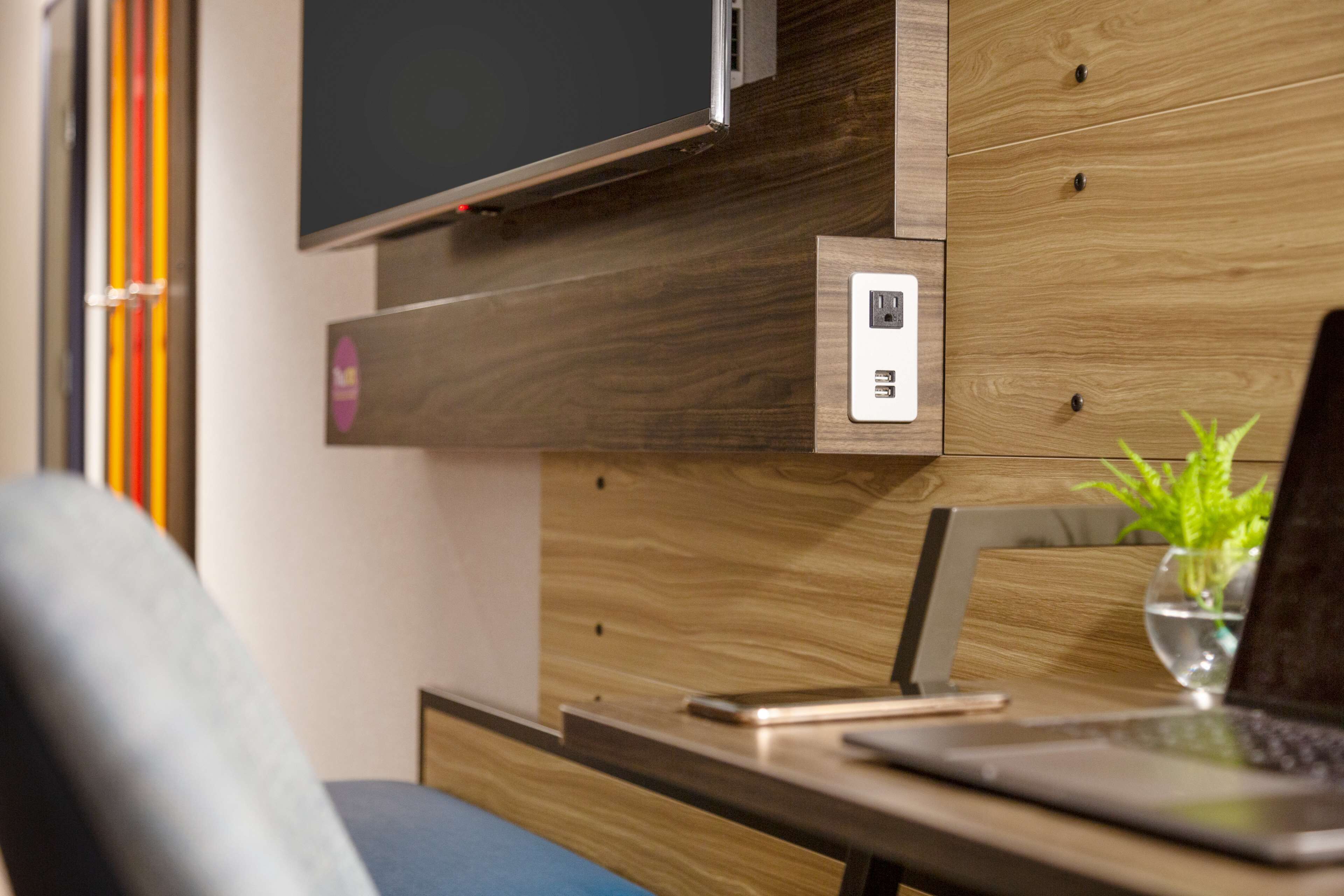 desk, laptop workspace, blackout curtains, iron/ironing board