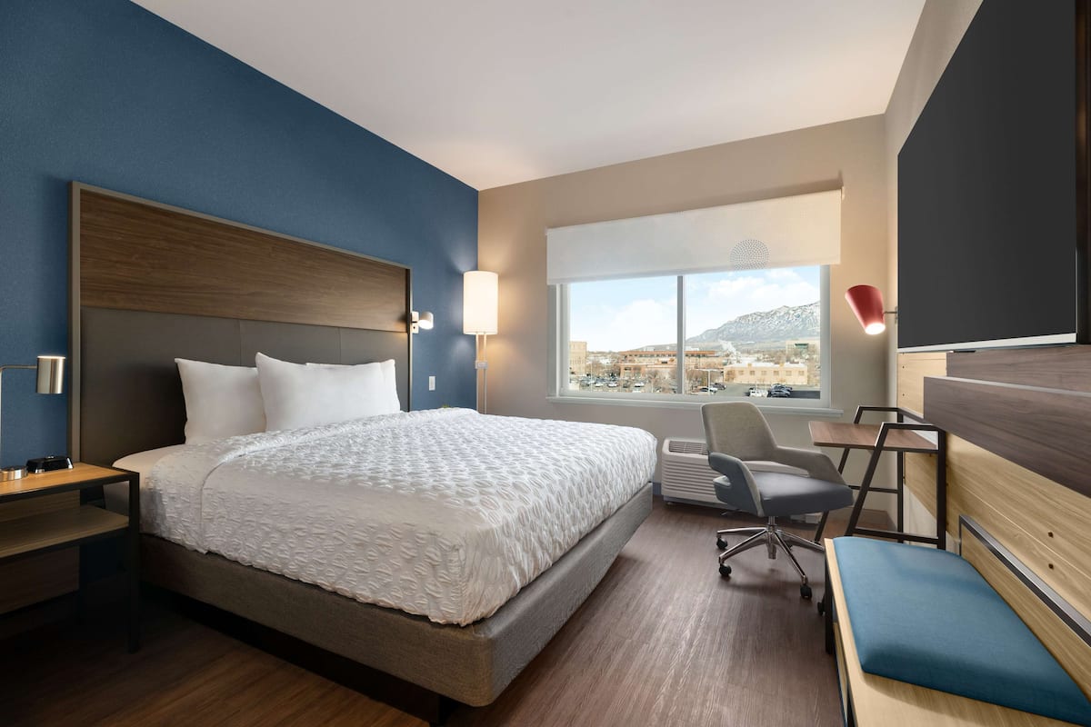 A hotel room with a large bed, a desk, a chair, and a window with a view of buildings and mountains.