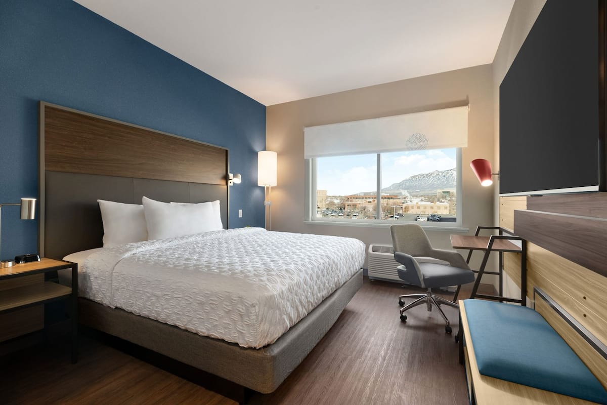A hotel room with a large bed, a desk, a chair, a window with a view of buildings and mountains, and a nightstand with a lamp.