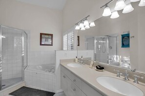 Shower, hair dryer, towels, shampoo