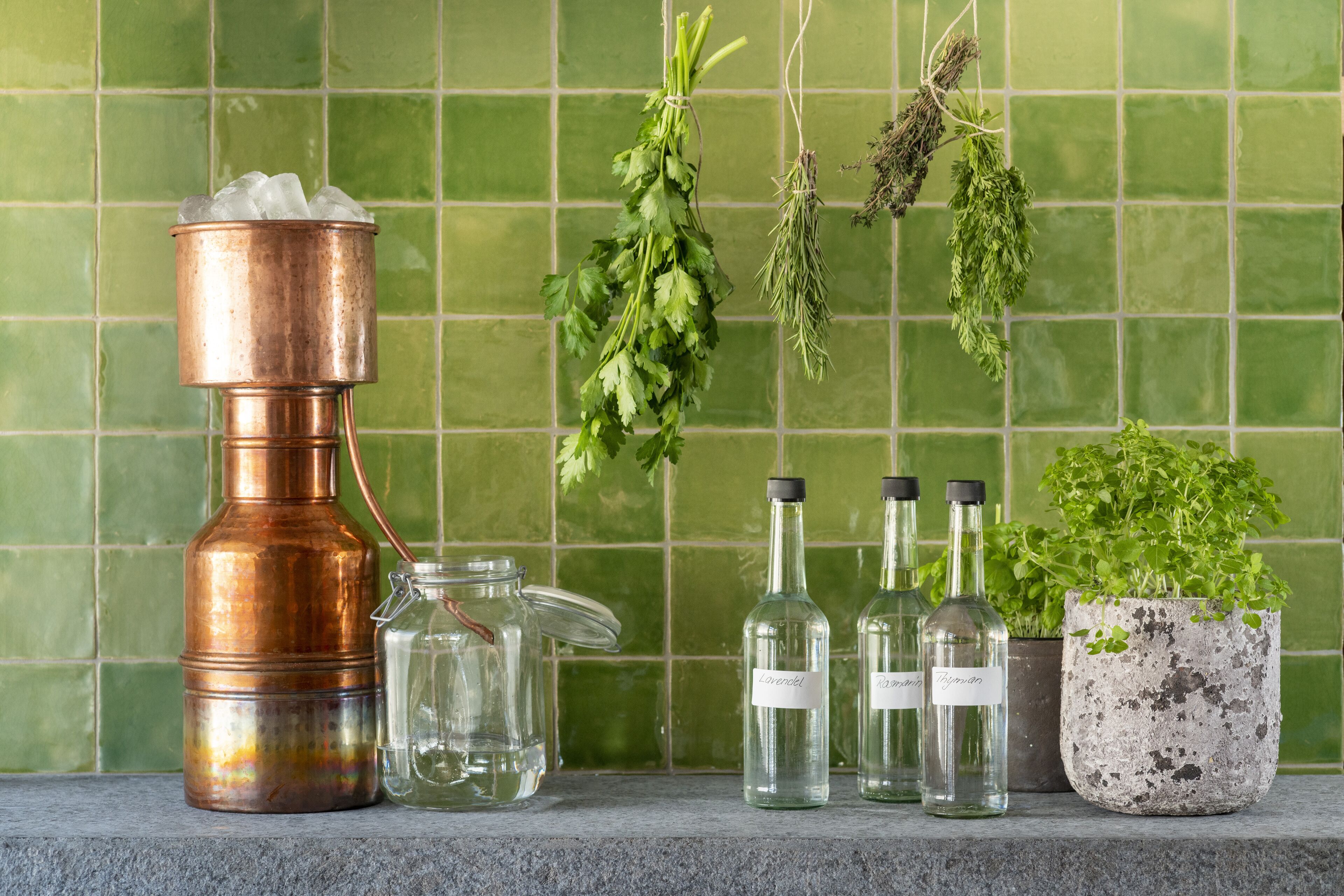 A kitchen counter with a copper distiller, a glass jar, two bottles labeled "Lavender" and "Thyme", and a potted herb plant.