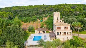 A villa with a swimming pool, a tower, and lush greenery surrounding the property. - Finca Sa Mina for 12 with pool in Mallorca (Selva)