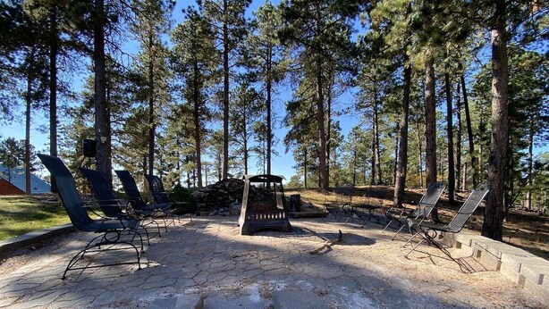 An outdoor seating area with metal chairs and a fire pit, surrounded by trees. - Diamond Jewel - Pool table, Fire Pit (Deadwood)