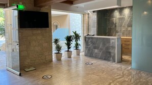 A modern reception area with a stone wall, a flat-screen TV, potted plants, and a marble counter. - Lili Hotel (Malevizi)