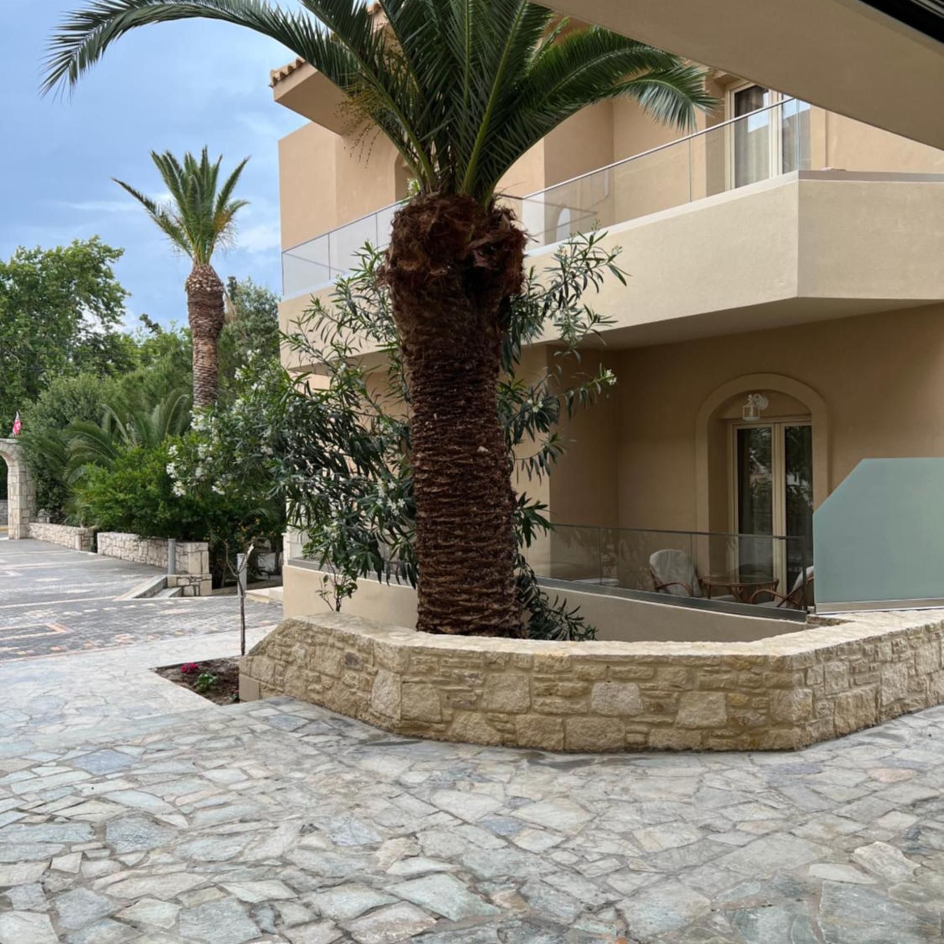 A building with a stone-paved courtyard, palm trees, and a glass railing.