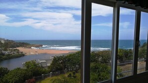 A view from a window overlooking a beach, ocean, and a road with greenery and buildings.