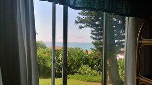 A view through a window with sheer curtains, revealing a grassy area, trees, and a distant view of the sea. - Greengates Cottage (Port Edward)