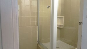 A small, enclosed shower area with a glass door, a toilet, and a shelf unit. - Rosscarbery 5 (Margate)
