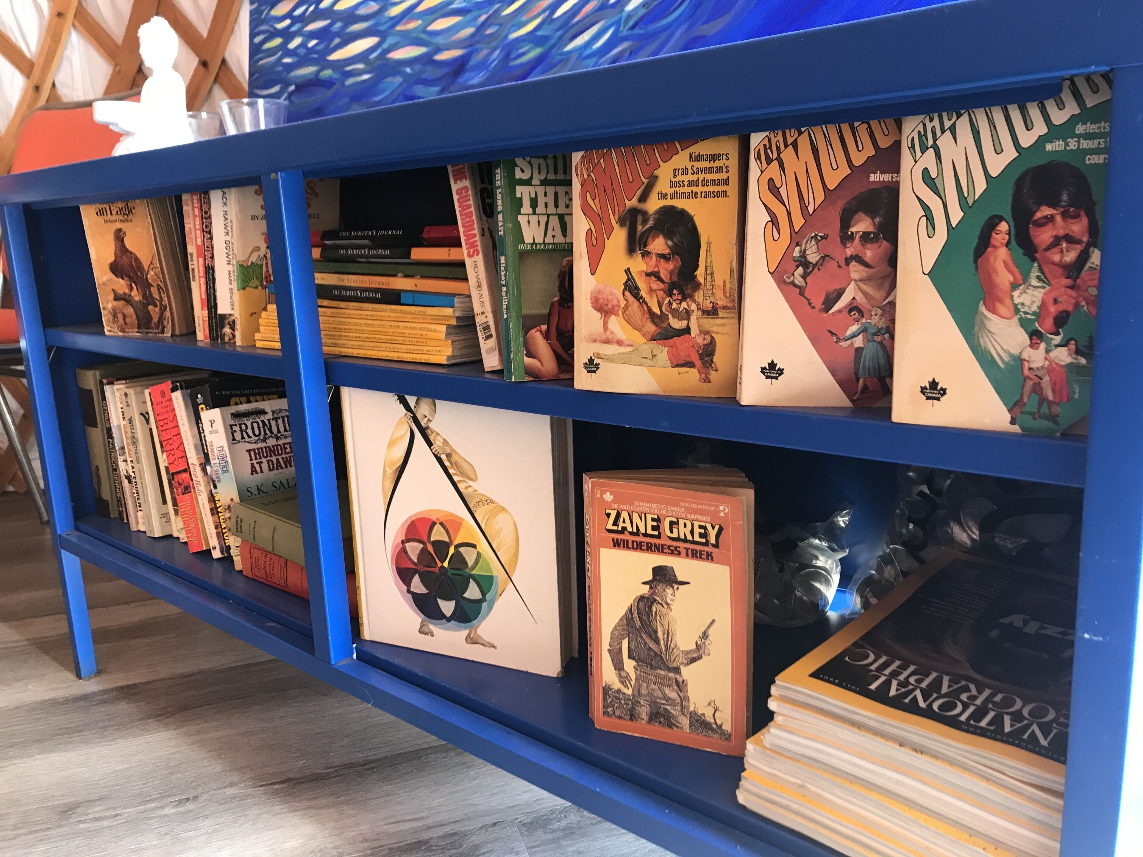 A bookshelf with various books, including titles like 'Spill the Beans' and 'The Smudge'.