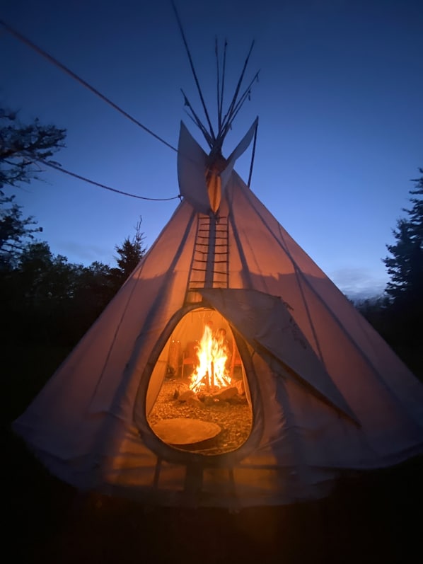 A teepee with a fire inside, surrounded by trees.