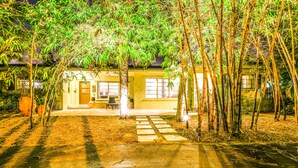 A building with a paved entrance, surrounded by bamboo trees.