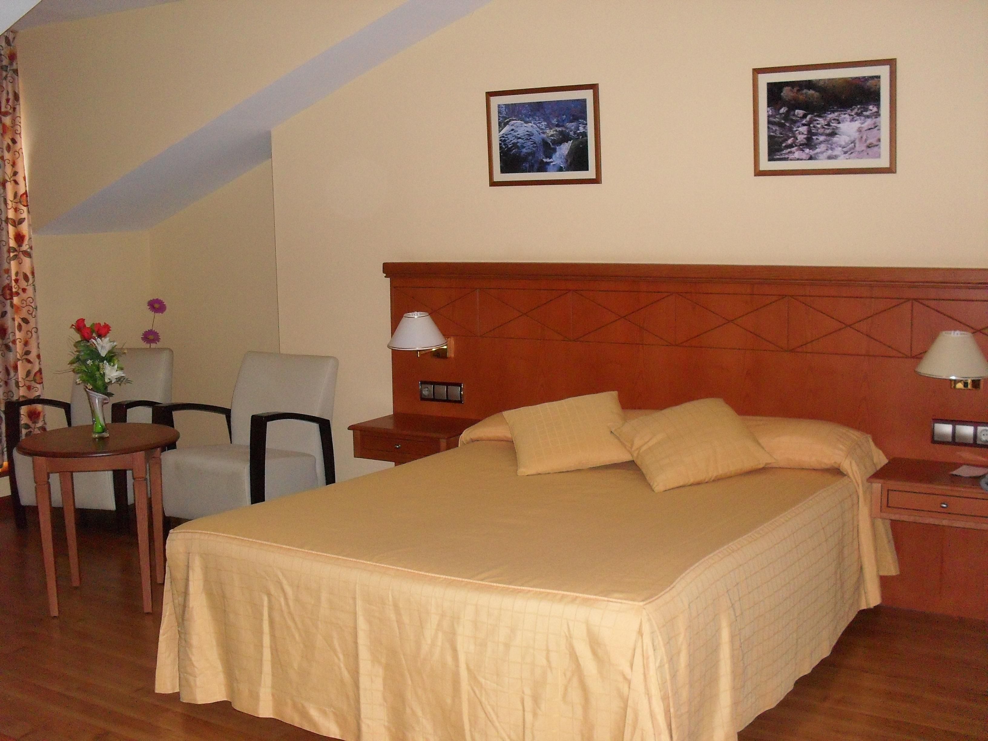 Una habitación de hotel con una cama grande, un cabecero de madera, dos mesitas de noche, un escritorio con una lámpara, una silla y dos cuadros en la pared.