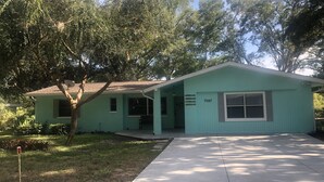 A single-story house with a light blue exterior, a satellite dish on the roof, and a mailbox in the front yard. - Weeki Wachee MAIN RIVER (Spring Hill)