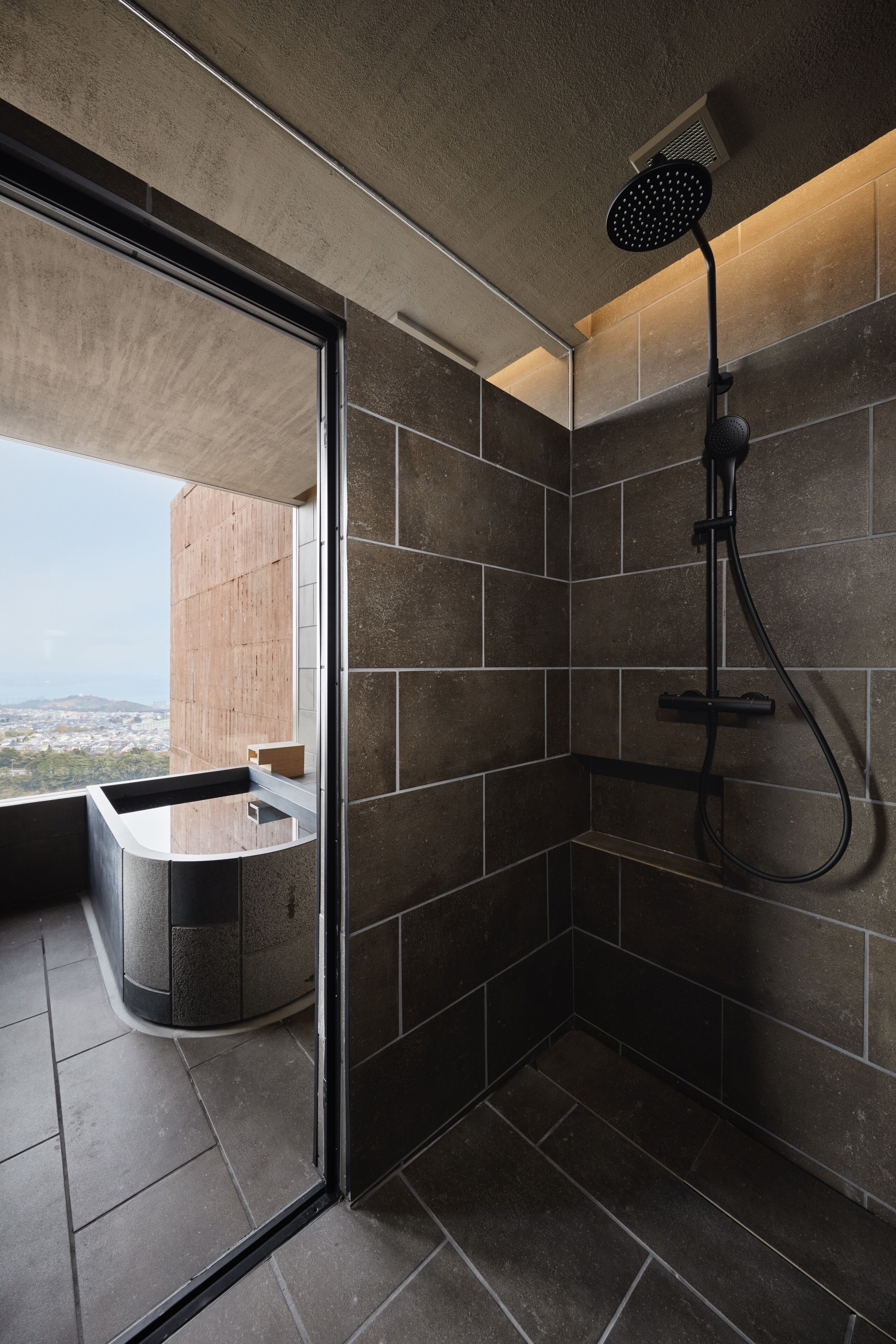 separate bathtub and shower, spring water bathtub, rainfall showerhead