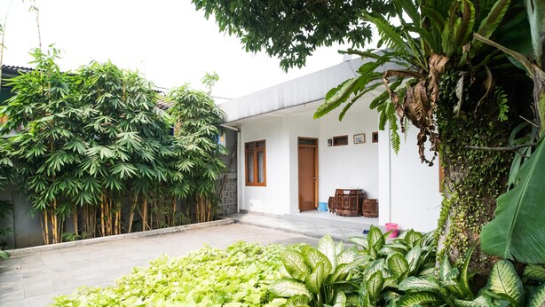 A modern house with a paved courtyard, surrounded by lush greenery and large plants. - KoolKost @ Batutulis Bogor (Bogor)