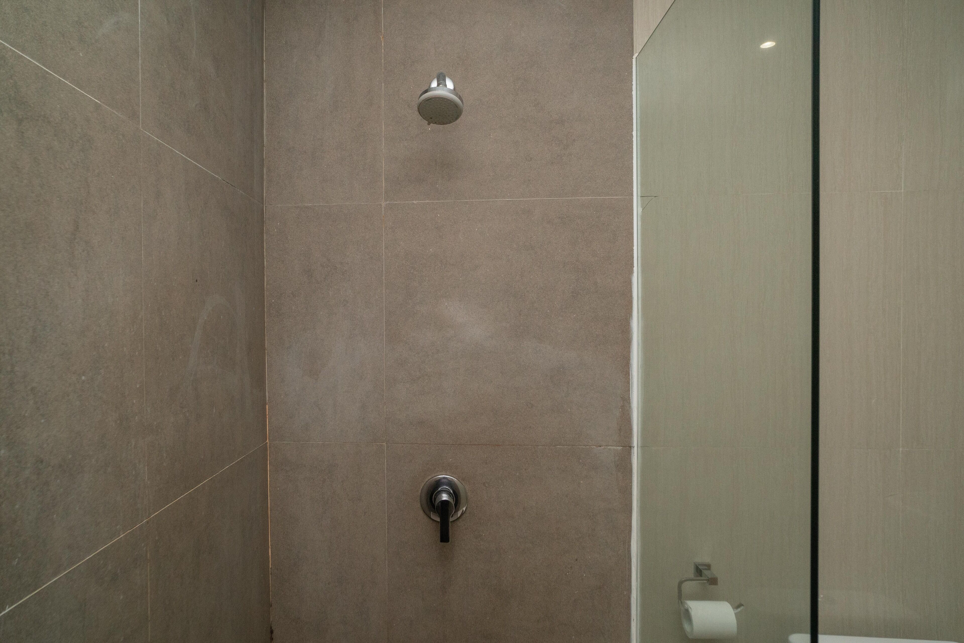 A modern bathroom with a glass shower enclosure, a visible toilet paper holder, and a showerhead.