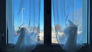 A window with sheer curtains and a view of a beach and palm trees. - SoleeMare Barletta Apartments: Veranda Suite with Ocean View (Barletta)
