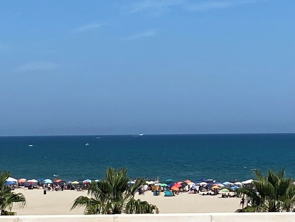 Una playa con sombrillas y palmeras, cielo despejado y el océano.