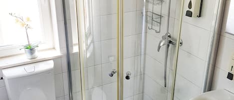 Ein modernes Badezimmer mit Duschkabine, Toilette und Waschbecken.
