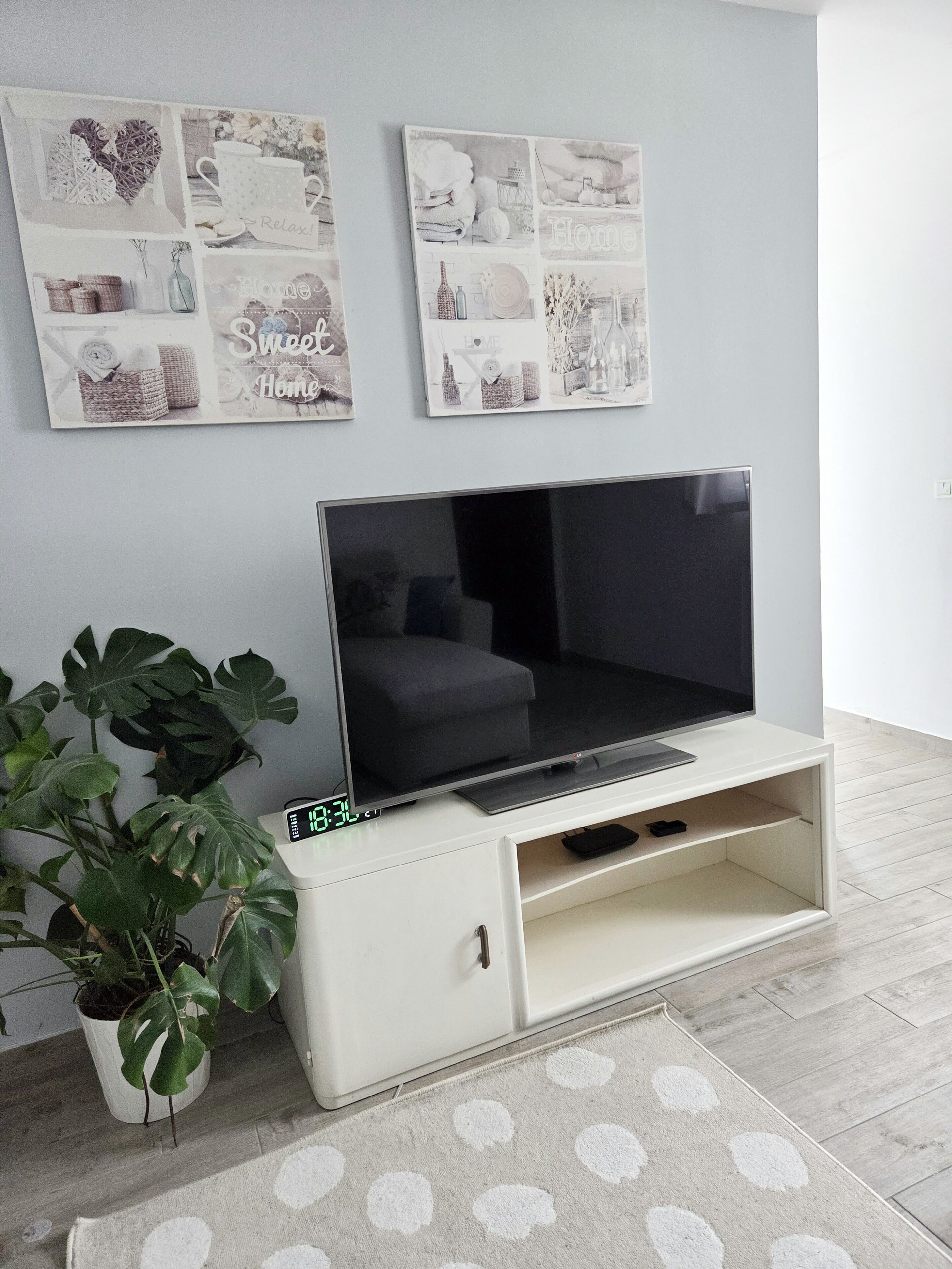 A modern living room with a flat-screen TV on a white entertainment unit, a potted plant, and wall art.