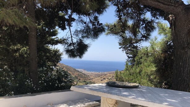 Una terraza con vista al mar, rodeada de árboles y un banco de piedra.