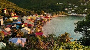 A coastal town with colorful buildings, a dock, and a clear view of the sea.